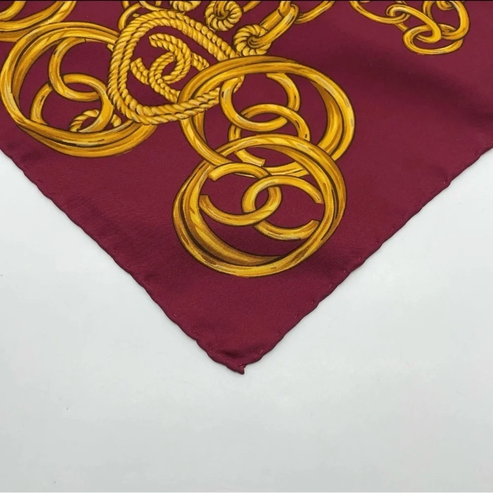 Auth Chanel gold chain and medallion design, Silk Scarf